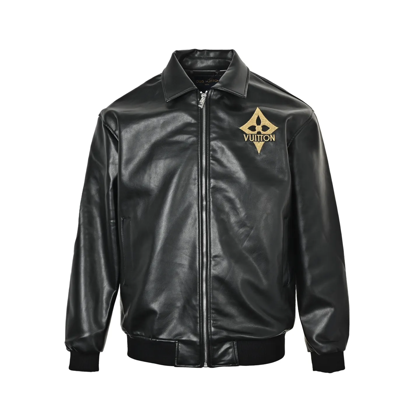 Louis Vuitton/Louis Vuitton black gold embroidered logo lapel leather jacket